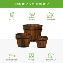 Load image into Gallery viewer, Set of 3 Rustic Wood Bucket Barrel Garden Planters Set w/ Drainage Holes
