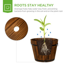 Load image into Gallery viewer, Set of 3 Rustic Wood Bucket Barrel Garden Planters Set w/ Drainage Holes
